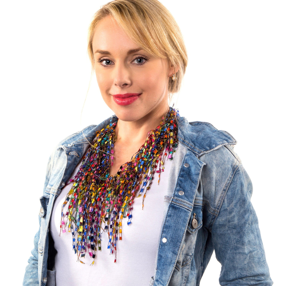 Handmade lightweight jewelry necklace scarf on a model wearing a jean jacket 