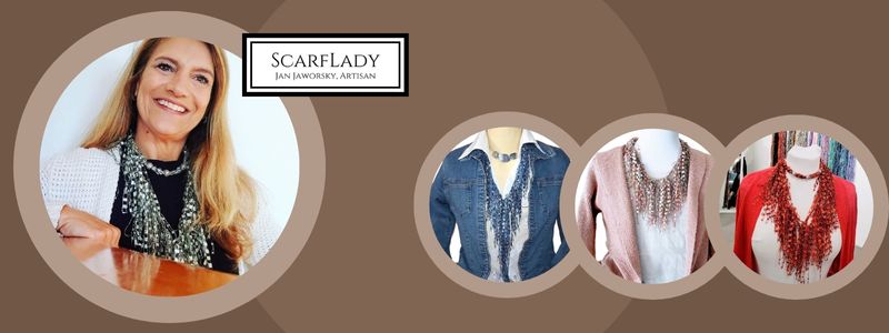 
          
            Three mannequins showing a Blue Scarf Necklace with Jean Jacket, a pink scarf Necklace with pink sweater and red statement necklace with red sweater
          
        