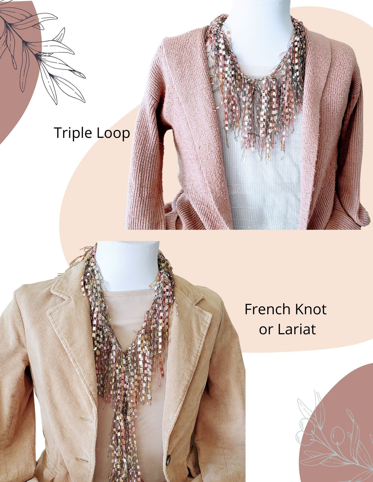 One short statement necklace with pink sweater and one long Rose,  Gold, and  Tan Statement Necklace for Women worn on mannequin with beige blazer