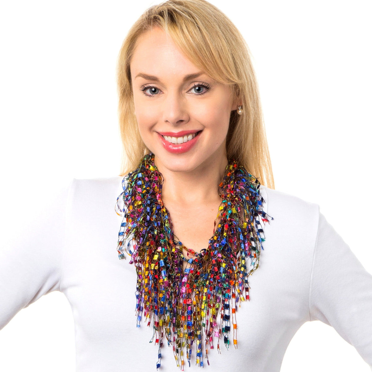 BIB Necklace worn on model showing lightweight and bold colors