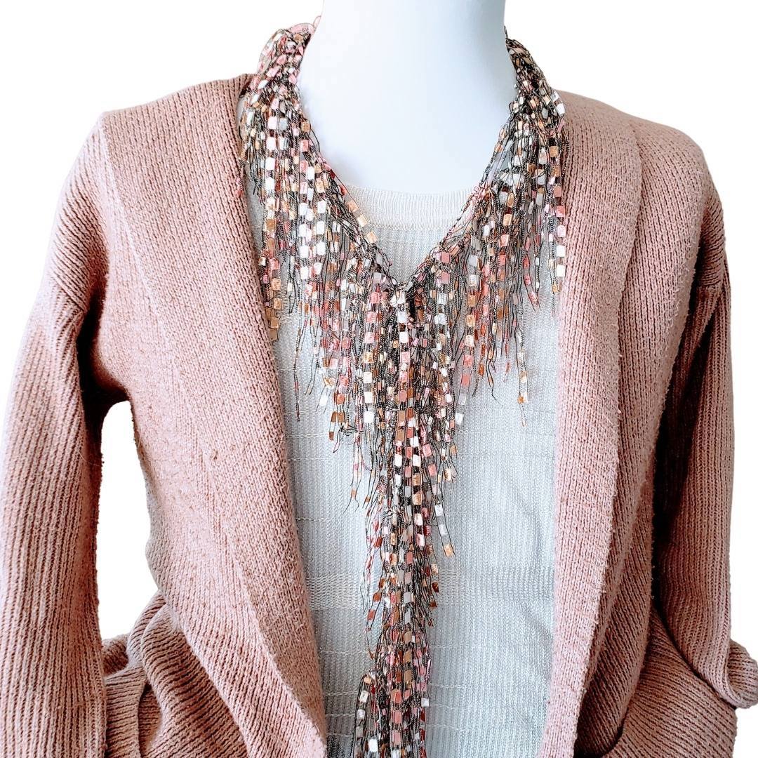 Long Rose Gold Tan Statement Necklace for Women worn on mannequin with pink sweater