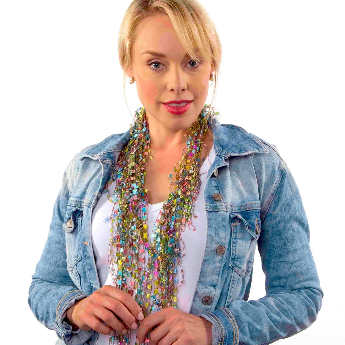 pastel multicolor scarf necklace with denim jacket on lady