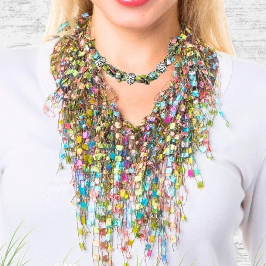 High Quality Seed Beaded Floral Print Scarf Necklace. - Heavyweight -  Button closure - Approximately 12.5