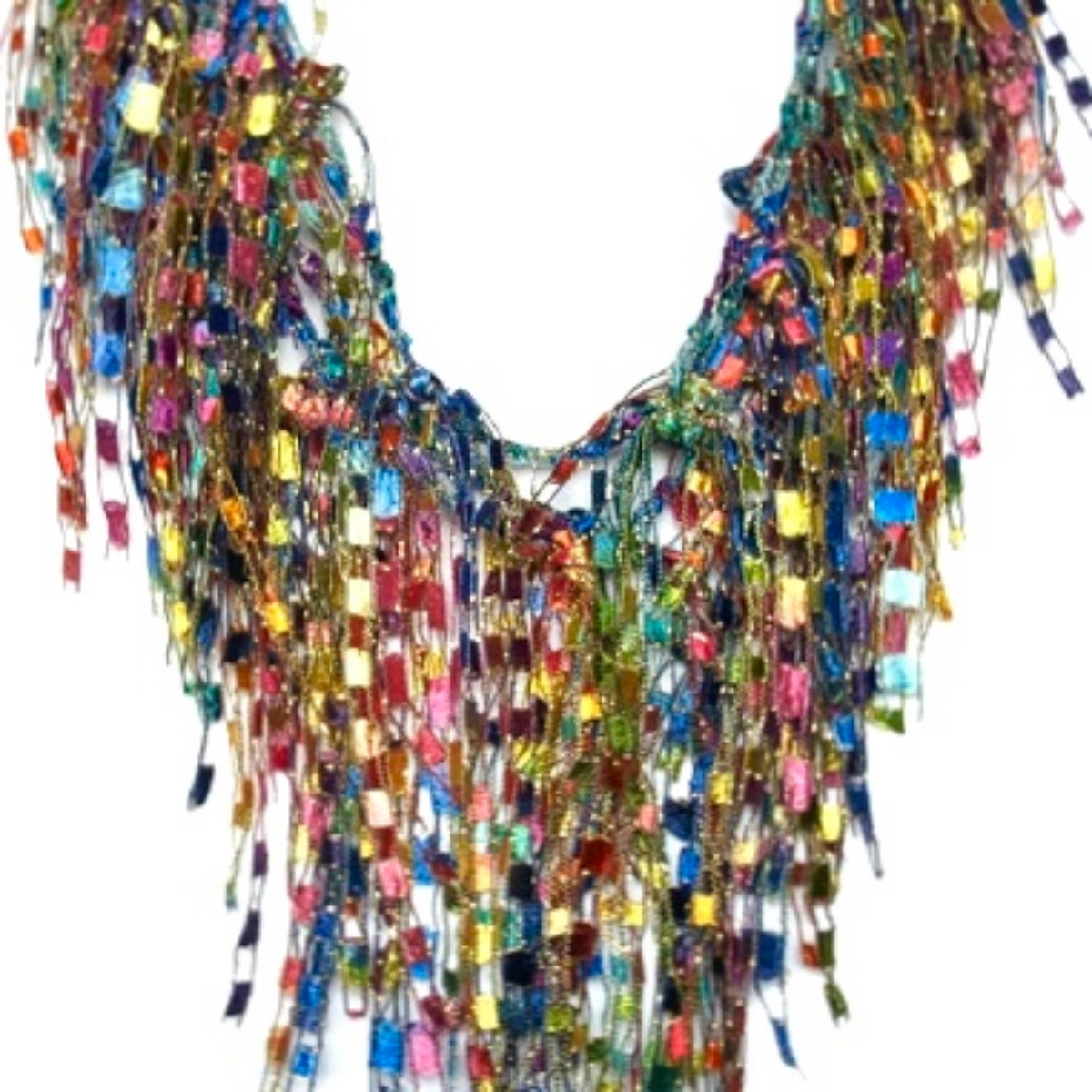 Close up of multicolor statement necklace scarf showing details of the metallic yarns materials